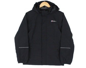 Berghaus Rain Jacket Black Full Zip Raglan Hooded Waterproof Youth Size 13 Years