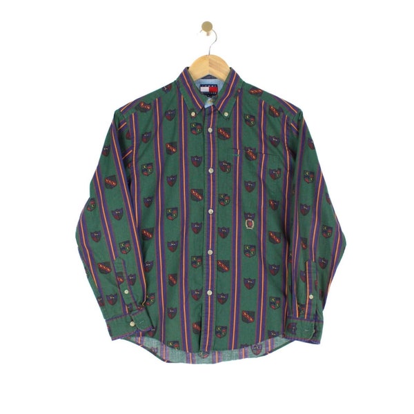 Vintage Tommy Hilfiger Shirt Green Long Sleeve Striped Logo Print Youth Size M