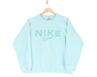 Vintage Nike Sweatshirt Blue Crew Neck Spell Out Swoosh Embroidered Women Size L