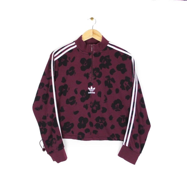 Adidas 1/4 Zip Sweatshirt Pattern Maroon Red Cropped Oversized Top Womens 18