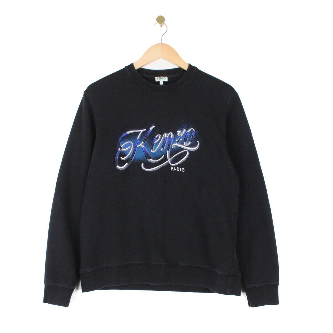 Kenzo Crew Neck Sweatshirt Black Embroidered Spell Out Regular Fit Mens