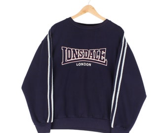 Vintage Lonsdale Oversized Sweatshirt Spell Out Rundhalsausschnitt Blau Herren Größe 2XL