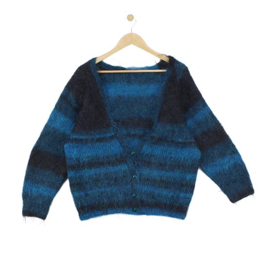 Vintage Mohair Cardigan Womens Size 10 Blue Fuzzy Knit Striped