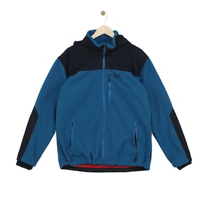 May include: A blue and black fleece jacket with a hood, a full-length front zipper, and a zippered chest pocket. The jacket features black panels on the shoulders and sleeves, two zippered side pockets, and a red interior lining at the hem.