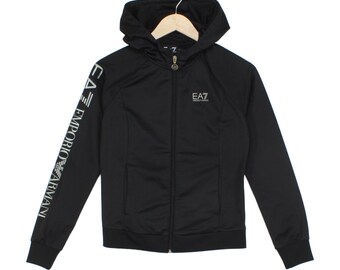 Felpa con cappuccio Emporio Armani da donna, taglia S, nera, con cerniera intera, streetwear.