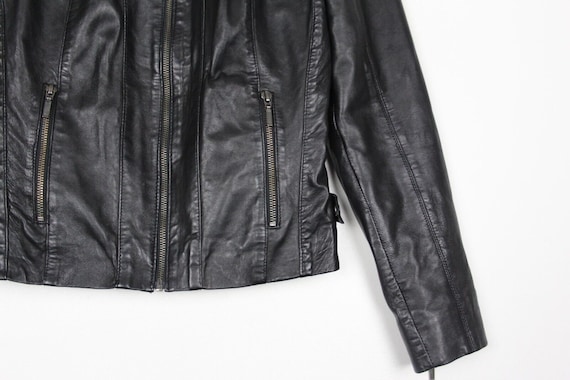 Naf Naf Leather Biker Jacket Lambskin Black Fitte… - image 2