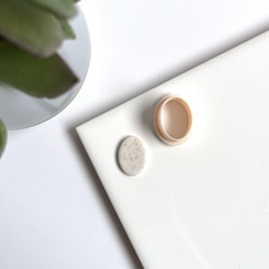 Op de afbeelding: Ovale polymeerklei uitsteker en een bijpassend kleistuk. De uitsteker is licht perzik van kleur en het kleistuk is besprenkeld met donkere vlekken. De items liggen op een wit oppervlak, met een vetplant op de achtergrond.