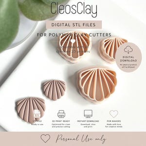 Puede incluir: Archivos STL digitales CleosClay para cortadores de arcilla polimérica. Incluye diseños en forma de concha para impresión 3D. El texto incluye Digital STL Files, Compatible with all common 3D printers, Digital Download, Personal Use only.