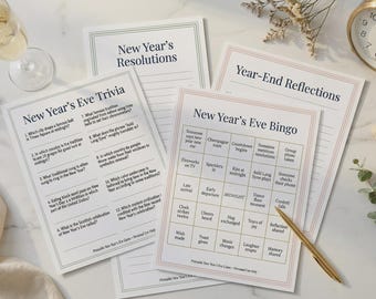 May include: A collection of New Year's Eve themed printable games and activities, including trivia, bingo, and resolution sheets. A gold-colored clock shows the time approaching midnight. A glass of champagne and a pen are also present.