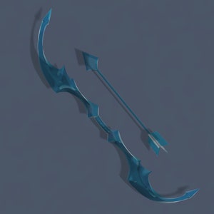 Puede incluir: Un arco y una flecha azules y blancos con una punta afilada. El arco es curvo y tiene un diseño decorativo. La flecha es recta y tiene plumas.