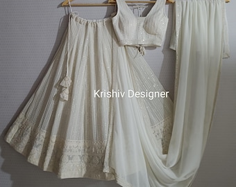 Off White Lehenga choli for Women indian Designer Wedding Wear Chaniya choli Georgette Fabric sequence Work Lengha Function Wear lehengas