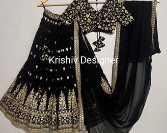 Black Lehenga Choli: Fox Georgette, Thread & Sequins Embroidery