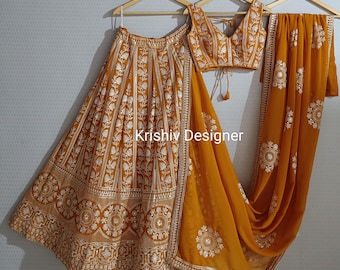 Mustard Yellow Lehenga Choli: Indian Wedding Wear, Thread & Sequins Embroidery work lehengas