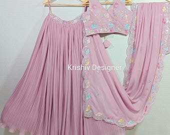 Lehenga Choli rose : tenues de mariage indiennes, broderie de fil et de paillettes