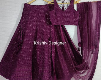 wine Georgette Lehenga Choli: Resham & Sequins Embroidery Wedding Wear lengha choli