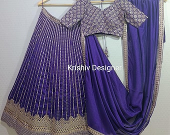 Purple Lehenga Choli: Indian Thread & Sequins Embroidery, Semi-Stitched made to measure lengha