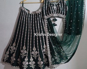 Green Georgette Lehenga Choli: Thread & Sequins Embroidery, Indian Wedding Wear chaniya choli