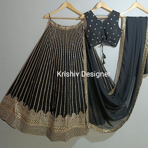 Czarna Lehenga Choli dla kobiet indyjskich projektantów ślubnych, funkcjonalna odzież na imprezę Chaniya Choli, gotowa do noszenia indyjska Lengha, indyjskie stroje