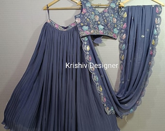 Grey Georgette Lehenga Choli: Thread & Sequins Embroidery Indian Wedding Wear lengha