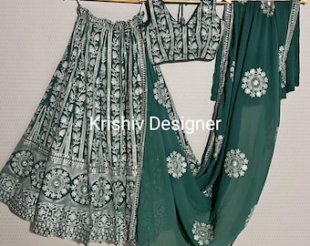 Green Georgette Lehenga Choli: Indian Thread & Sequins Embroidery
