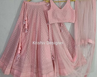 Baby Pink Lehenga Choli: Georgette Indian Wedding Wear with Embroidery work chaniya choli