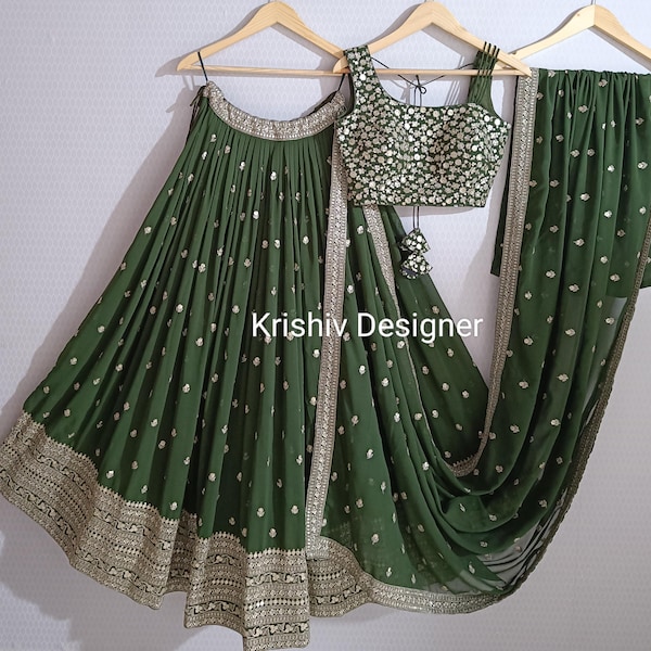 Green Georgette Lehenga Choli: Sequins Embroidery custom stitched chaniya choli