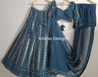 Teal Blue Lehenga Choli: Georgette Indian Wedding Outfit