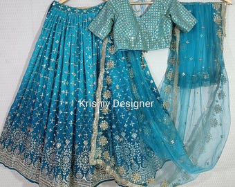 Sky Blue Embroidered Lehenga Choli: Indian Wedding Designer Outfit