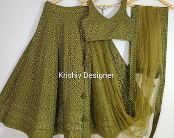 Mehndi Green Lehenga Choli: Indian Wedding Wear, Resham & Sequins Embroidery work chaniya choli