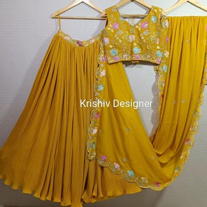 Mustard Yellow Lehenga Choli: Georgette Thread & Sequins Embroidery, Indian Wedding Wear chaniya choli