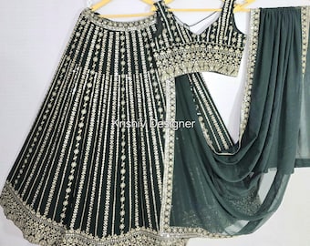 女性用グリーンレヘンガ：ジョーゼット刺繍入りインド式フォーマルウェアレヘンガ