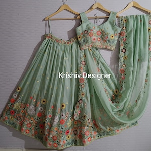 Pistachio Green Lehenga Choli: Indian Wedding Wear, Thread & Sequins Embroidery lengha