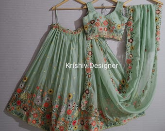 Pistachio Green Lehenga Choli: Indian Wedding Wear, Thread & Sequins Embroidery lengha