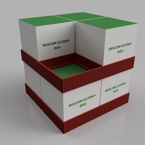 Op de afbeelding: Vier witte dozen met groene deksels en rode randen. Op elke doos staat de tekst "DEXCOM G7/ONE+ BOX" gedrukt.