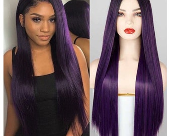 Synthetic Black Purple Ombre Long Straight Hair Wig For Women - Etsy
