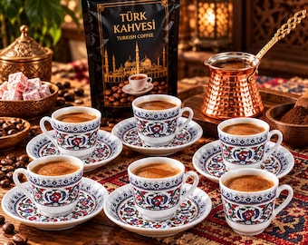 May include: Five white ceramic coffee cups and matching saucers decorated with blue, red, and green floral patterns, each filled with dark coffee. A black bag labeled TÜRK KAHVESİ TURKISH COFFEE and a copper coffee pot sit on a patterned textile.