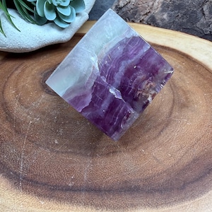 May include: A square-cut fluorite crystal with bands of purple and white. The gemstone is displayed on a wooden surface, with a succulent plant and a piece of wood in the background. The crystal is a natural, decorative item.