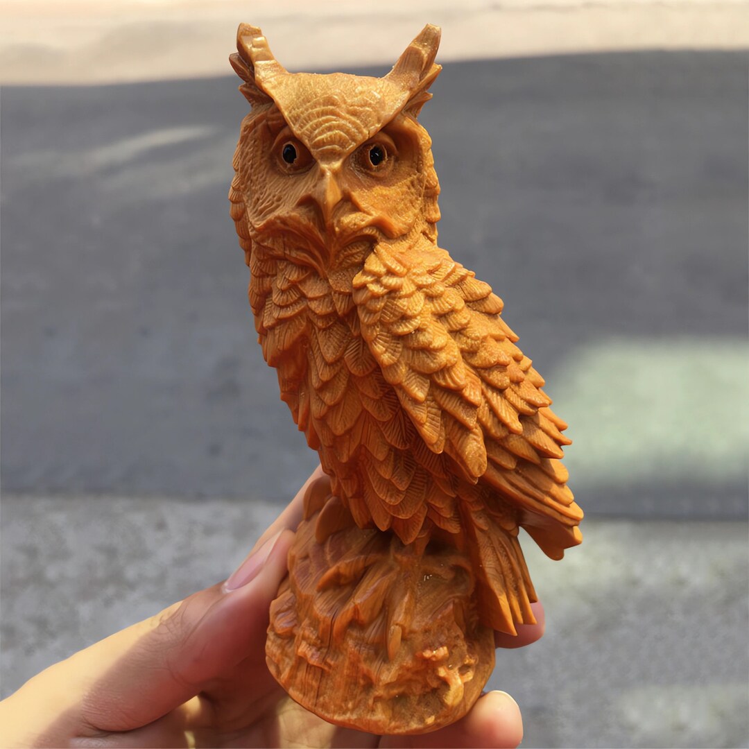 Handmade Boxwood Owl Sculpture Solid Wood Animal Statue Etsy