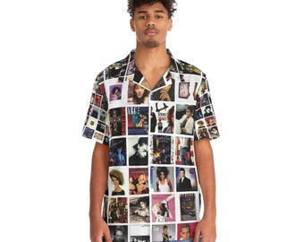 May include: Short-sleeved button-down shirt featuring a collage of album covers in a grid pattern. The shirt has a white collar and is worn by a person in blue jeans. The album covers are of various colors and designs.