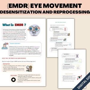 May include: A printable worksheet explaining Eye Movement Desensitization and Reprocessing (EMDR) therapy. The worksheet includes a cartoon illustration of a pair of eyes and a description of the therapy's stages, including preparation and processing.