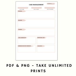 Op de afbeelding: Een printbaar case management formulier met secties voor de naam van de klant, geboortedatum, datum van de sessie, screening, beoordeling, planning, co&ouml;rdinatie van de zorg, transitiezorg, communicatie na de transitie en follow-up.