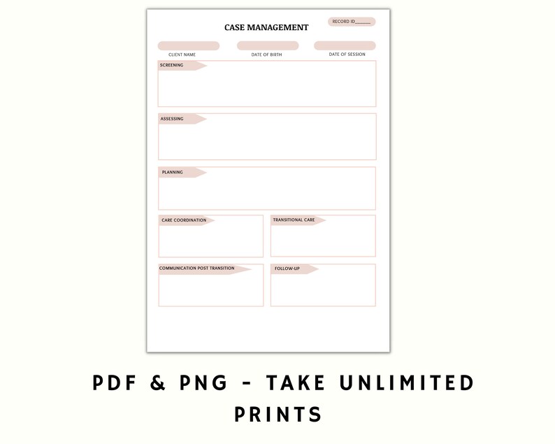Op de afbeelding: Een printbaar case management formulier met secties voor de naam van de klant, geboortedatum, datum van de sessie, screening, beoordeling, planning, co&ouml;rdinatie van de zorg, transitiezorg, communicatie na de transitie en follow-up.