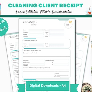Cleaning Client Receipt Template, Client Receipt Digital Template, Editable in Canva, Canva Templates for Cleaners, Housekeepers & Maids