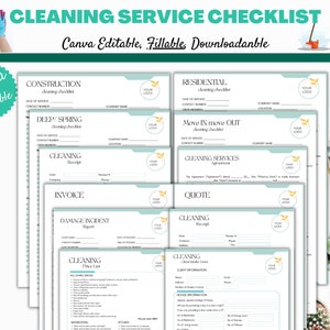 May include: A set of printable cleaning service checklists in a teal and white color scheme. The checklists include forms for construction, deep spring cleaning, residential, move in/move out, cleaning services agreement, invoice, quote, damage incident report, cleaning receipt, cleaning price list, and a client information form. The checklists are designed to be editable and downloadable.