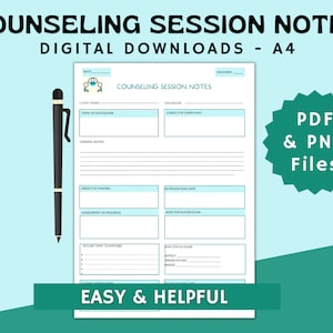 Counselling Session Notes Form (Blue), Therapists Printable, Progress Notes for Therapists, Therapy Worksheets, Client Session Notes