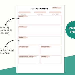 Op de afbeelding: Een printbaar casemanagement-werkblad met secties voor de naam van de cli&euml;nt, geboortedatum, datum van de sessie, screening, beoordeling, planning, co&ouml;rdinatie van de zorg, transitiezorg, communicatie na de transitie en follow-up.