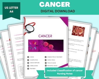 May include: A printable digital download of nursing notes about cancer. The notes include information about cancer classification, symptoms, treatment, and prevention. The notes are illustrated with a stethoscope, pink ribbons, and a microscopic image of cancer cells.