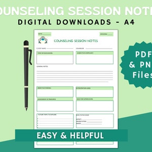 Counseling Session Notes Printable (Light Green), Client Progress Notes, Forms, Outline , Therapy, Clinical Digital Printable Planner