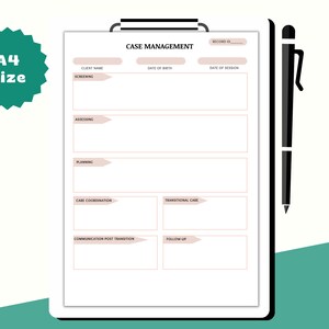 Op de afbeelding: Een printbaar case management formulier met secties voor de naam van de klant, geboortedatum, datum van de sessie, screening, beoordeling, planning, co&ouml;rdinatie van de zorg, transitiezorg, communicatie na de transitie en follow-up.