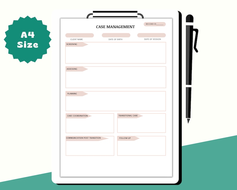 Op de afbeelding: Een printbaar case management formulier met secties voor de naam van de klant, geboortedatum, datum van de sessie, screening, beoordeling, planning, co&ouml;rdinatie van de zorg, transitiezorg, communicatie na de transitie en follow-up.